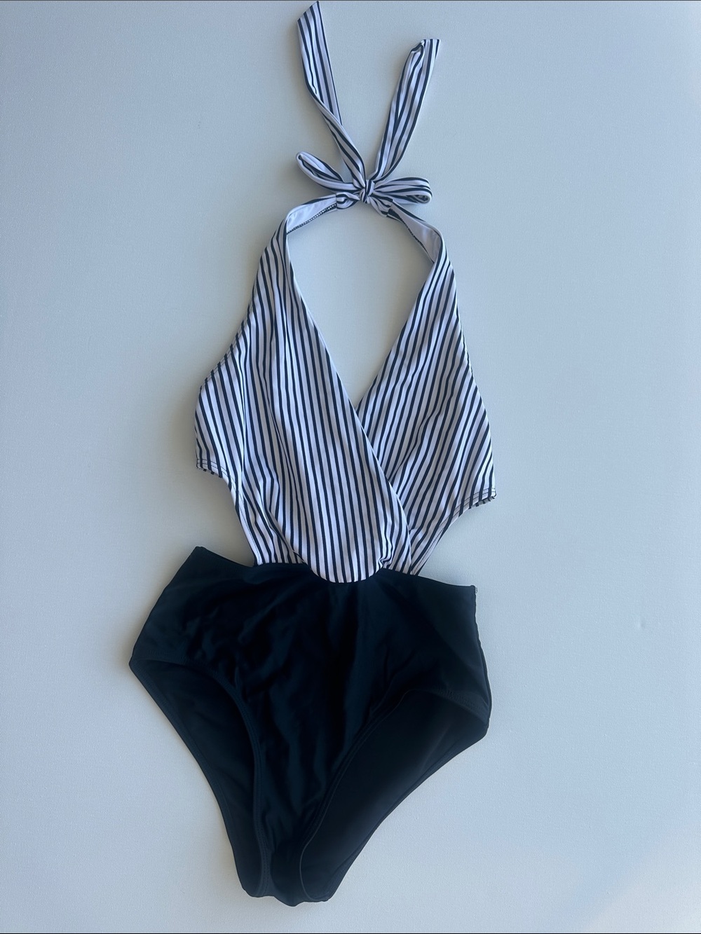 Striped Tie-Front Halter One-Piece Swimsuit in Black and White